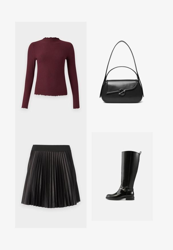 Haut à manches longues bordeaux, texture côtelée, col haut avec bord scallopé, coupe ajustée, tissu doux et ourlet légèrement court.; Jupe plissée noire avec une large taille élastique et une texture lisse et brillante sur l'ensemble du tissu.; Bottes noires montantes en cuir verni, avec un détail de boucle argentée à la cheville et une conception à bout arrondi. Semelle plate.; Sac à bandoulière en cuir noir avec un rabat incurvé fermé par un fermoir métallique rond et une sangle fine et ajustable.