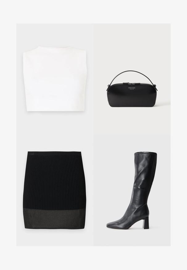 Hvid ærmeløs crop top med høj hals, lavet af glat stof, med en tætsiddende pasform og rene kanter.; Sort ribstrikket mini-nederdel med en kontrasterende bundkant i en lidt lysere nuance, der har en tætsiddende silhuet og elastisk taljebånd.; Sorte læderknæstøvler med spids tå og bred hæl. Glat tekstur med et slankt design og subtile syninger.; Sort læderhåndledstaske med sølv lynlås og kort hank, prægede Emporio Armani Milano 1981-logo foran.