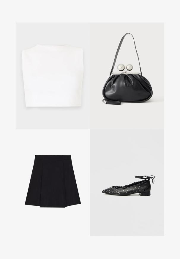 Hvid ærmeløs crop top med høj hals, lavet af glat stof, med en tætsiddende pasform og rene kanter.; Sort skater nederdel lavet af blødt stof, med en tætsiddende talje, plisseringer foran og en vidde, knælang kant.; Sorte balletflade sko i læder med spids tå, snøredesign og sølvnitte-accenter langs siderne. Lav blokhæl.; Sort læderhåndtaske med opsamlet design, en enkelt rem, sølv metalramme og to store runde sølv lukninger.