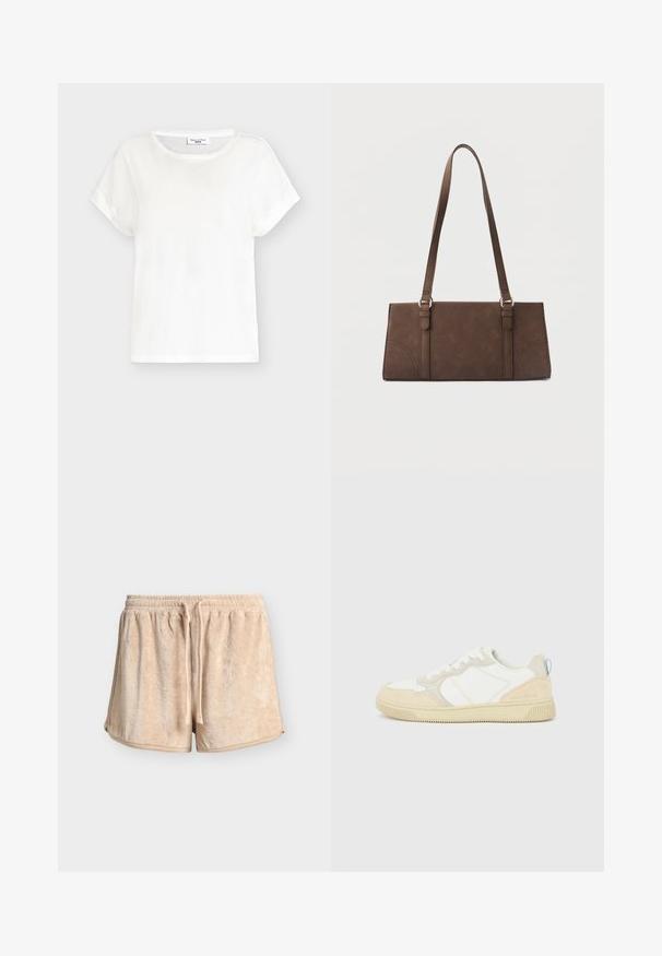 T-shirt blanc à manches courtes avec col rond, coupe décontractée et manches légèrement retroussées, présenté sur un fond gris clair.; Short beige en tissu éponge doux avec taille élastique et cordon, conçu pour un usage décontracté ou détente.; Baskets blanches et beiges avec dessus en suède et textile, présentant des coutures contrastées, une semelle en caoutchouc et un accent bleu clair sur le talon.; Sac à bandoulière rectangulaire marron avec longues sangles et détails de couture minimalistes sur un fond uni.