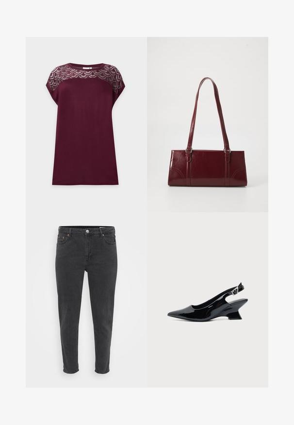 Bourgogne top med korte ærmer og rund halsudskæring med blonde detaljer over den øverste del af brystet og skuldrene mod en ensfarvet baggrund.; Slanke sorte denim jeans med frontknap og lynlås, bæltestropper og fem lommer, vist på en ensfarvet lys baggrund.; Sort laklæder slingback sko med spids tå og lav vinklet blokhæl på ensartet lys baggrund.; Bordeaux håndtaske lavet af glansfuldt materiale, rektangulær form, med to skulderremme og subtile buede detaljer på forsiden.