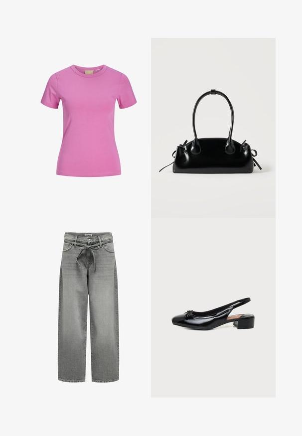 Kortärmelig roze T-shirt met ronde hals, nauwsluitend, gemaakt van gladde stof met subtiele stikdetails.; Grijze denim jeans met wijde pijpen, een trekkoord in de taille en voorzakken. De stof heeft een lichte textuur en een vervaagde afwerking.; Zwarte lak leren slingback-schoen met lage blokhak en klein strikdetail op de afgeronde neus, zijaanzicht op witte achtergrond.; Kleine zwarte glanzende handtas met twee lange hengsels en zijkant trekkoord details op een effen lichte achtergrond.