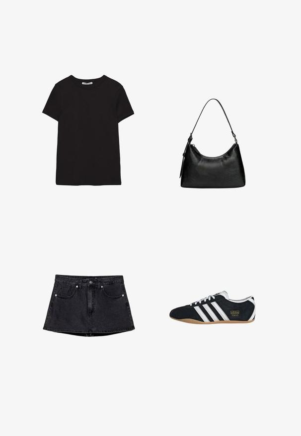 T-shirt noir en coton à manches courtes avec encolure ronde, coupe standard et étiquette intérieure visible au niveau du col.; Jupe en denim noir avec une taille cintrée, un design à cinq poches, une fermeture traditionnelle par bouton et zip, et un ourlet légèrement évasé.; Sneakers en suede noir avec trois bandes blanches, logo doré et semelle en caoutchouc marron. Présente un design à lacets à profil bas.; Sac à main noir en simili cuir avec une forme incurvée, poignée courte, fermeture éclair et un motif texturé subtil sur la surface.