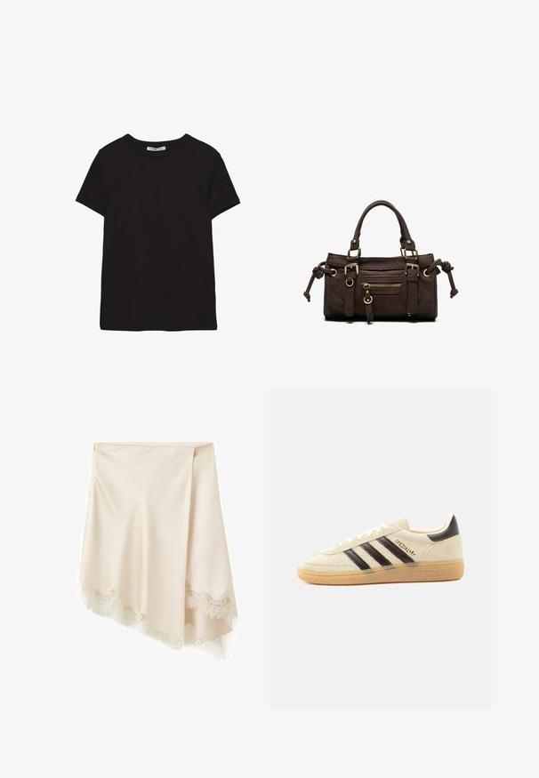 T-shirt noir en coton à manches courtes avec encolure ronde, coupe standard et étiquette intérieure visible au niveau du col.; Jupe portefeuille en satin couleur crème avec bordure en dentelle le long de l'ourlet asymétrique, suspendue sur un fond blanc.; Baskets en daim crème avec des rayures noires, semelle en gomme, languette noire au talon et texte doré "SPEZIAL" sur le côté.; Sac à main en cuir marron foncé avec double poignée, poche avant zippée, boucles décoratives et nœuds latéraux sur fond blanc.