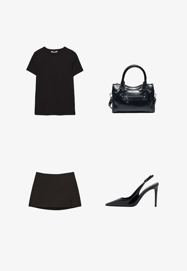 T-shirt noir en coton à manches courtes avec encolure ronde, coupe standard et étiquette intérieure visible au niveau du col.; Mini-jupe noire en tissu lisse, avec une coupe droite, des fentes latérales et un ourlet net. Simple et polyvalente.; Escarpin slingback en cuir verni noir avec un bout pointu, un haut talon aiguille, une sangle ajustable à la cheville et une texture lisse et brillante.; Sac à main en cuir noir brillant avec deux poignées, poche avant zippée et bandoulière amovible sur fond blanc.