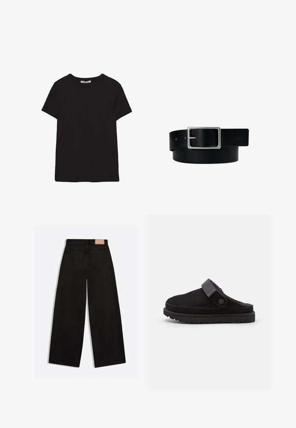 Sort kortærmet t-shirt i bomuld med rund halsudskæring, standard pasform og synlig indvendig halsmærkat.; Sorte vidde jeans set bagfra med to baglommer og en brun lædermærke på linningen.; Sorte ruskindssandaler med rund tå, blød tekstur, justerbar rem og en tyk gummisål med mønstret slidbane for godt greb.; Sort læderbælte med sølv rektangulært spænde og flere justeringshuller, lagt fladt på en hvid baggrund.