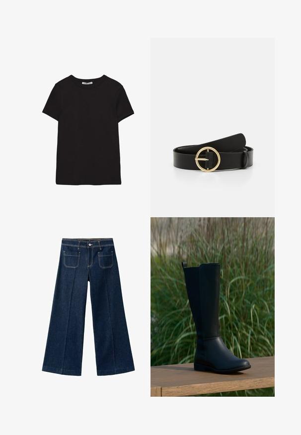 Sort kortærmet t-shirt i bomuld med rund halsudskæring, standard pasform og synlig indvendig halsmærkat.; Vidbenede mørkeblå denim bukser med høj talje, der har to baglommer, synlige sømme og lukning med knap foran.; Sort knæhøj støvle lavet af glat læder med en rundet tå og flad sål. Har et enkelt design med en trækflap øverst.; Sort læderbælte med en rund guldspænde. Remmen er glat, flad og har et minimalistisk design uden synlige mønstre.