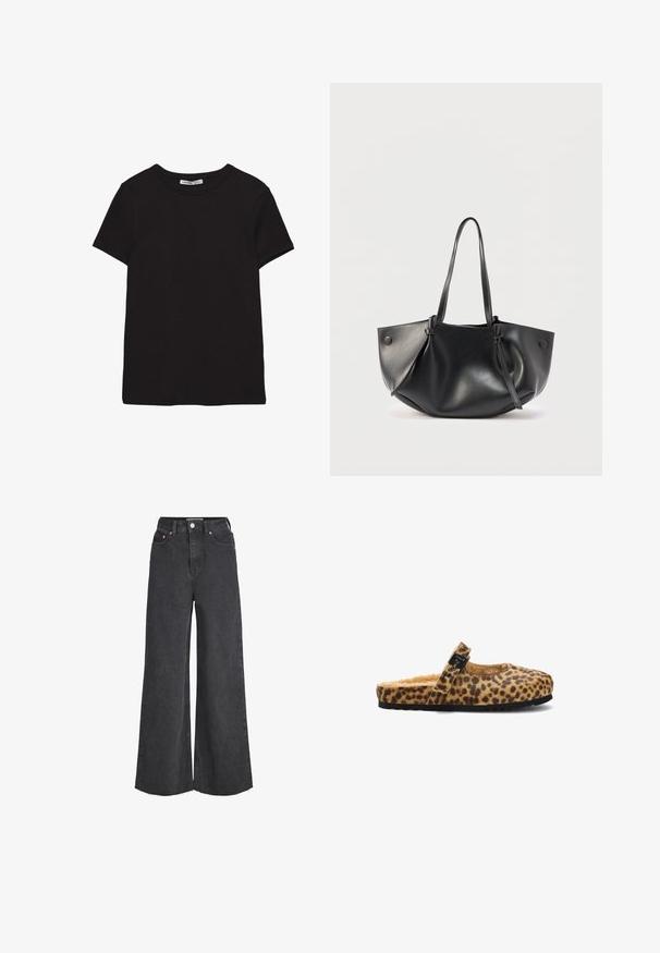 Zwart katoenen T-shirt met korte mouwen, ronde hals, standaard pasvorm en zichtbaar binnenlabel in de nek.; Zwarte high-waist jeans met wijde pijpen, sluiting aan de voorkant met knopen en rits, voorzakken en rafelige zoom.; Slingback pantoffel met luipaardprint, een zachte binnenkant, een ronde neus en een decoratieve zwarte gesp. Zwarte rubberen zool met textuur.; Zwarte leren schoudertas met twee lange hengsels, een zachte afgeronde vorm en knoopdetails aan elke kant.