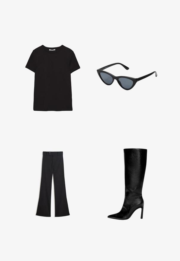 T-shirt noir en coton à manches courtes avec encolure ronde, coupe standard et étiquette intérieure visible au niveau du col.; Pantalon noir taille haute à jambes larges avec une taille à double bouton et une fermeture éclair frontale, présenté à plat sur un fond blanc.; Botte en cuir noir montée jusqu'au genou, avec un bout pointu, un talon aiguille haut, une finition lisse et un design simple et épuré sans ornements.; Lunettes de soleil noires en forme d'œil de chat avec des verres gris foncé, monture en plastique élégante, coins pointus et branches droites. Pas de métal visible ni d'accents.