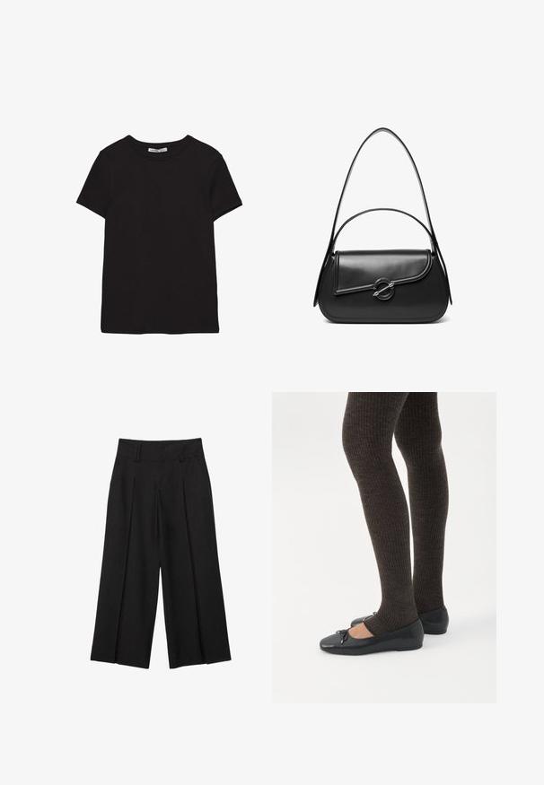 Sort kortærmet t-shirt i bomuld med rund halsudskæring, standard pasform og synlig indvendig halsmærkat.; Sorte vide bens cropped bukser med bæltestropper og forreste plisseringer, lavet af et glat stof for et skræddersyet udseende.; Ben iført mørke ribbede leggings kombineret med sorte balletsko med små sløjfedetaljer på hvid baggrund.; Sort skuldertaske i læder med en buet klap, der er fastgjort med en rund metal spænde, og en slank, justerbar rem.