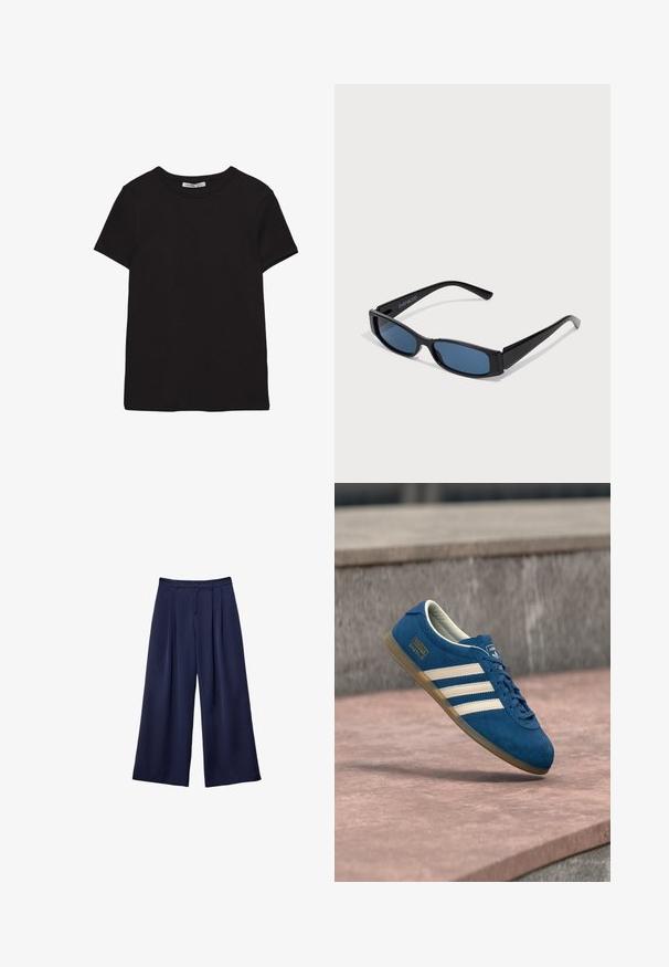 T-shirt noir en coton à manches courtes avec encolure ronde, coupe standard et étiquette intérieure visible au niveau du col.; Pantalons larges bleu marine avec des plis, taille à boutons et passants de ceinture, présentés à plat sur un fond blanc.; Baskets en daim bleu avec bandes et lacets crème, semelle en caoutchouc naturel, surface texturée, bout arrondi et logo sur le côté.; Lunettes de soleil noires avec une monture rectangulaire élégante et des verres bleus. Présente une texture lisse et des branches robustes. Logo de la marque sur le côté.