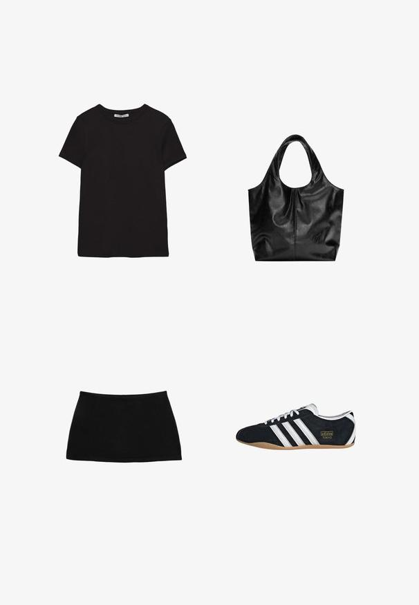 T-shirt noir en coton à manches courtes avec encolure ronde, coupe standard et étiquette intérieure visible au niveau du col.; Mini-jupe noire en coton avec une taille ajustée. Texture lisse, design simple et ourlet droit. Pas de motifs ou de pièces métalliques visibles.; Sneakers en suede noir avec trois bandes blanches, logo doré et semelle en caoutchouc marron. Présente un design à lacets à profil bas.; Sac fourre-tout en cuir noir avec une texture lisse, un haut arrondi doux et de larges poignées. Présente une couture minimale et une silhouette décontractée.