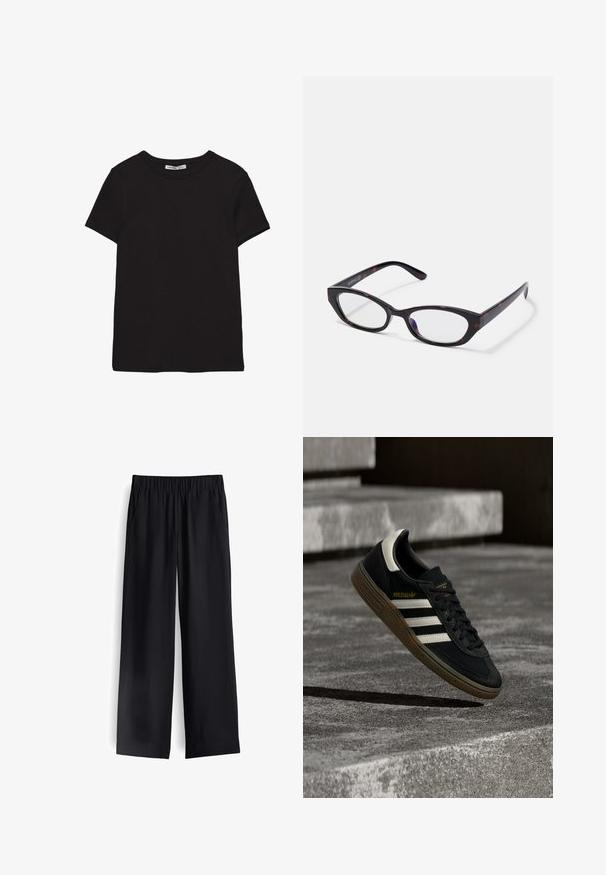 Schwarzes, kurzärmliges Baumwoll-T-Shirt mit rundem Halsausschnitt, Standardpassform und sichtbarem innerem Nackenetikett.; Schwarze weit geschnittene Hose aus glattem Stoff, mit elastischem Bund und zwei vorderen Taschen, mit einem fließenden Fall und minimalistischem Design.; Schwarzer Adidas-Sneaker mit weißen Streifen und Gummisohle schwebt über grauen Betonstufen im natürlichen Licht.; Katzenaugen-Brillen mit einem glänzenden, dunkel-schalenförmigen Kunststoffrahmen, der geschwungene Arme und klare Gläser aufweist. Minimale Markenkennzeichnung an der Seite.