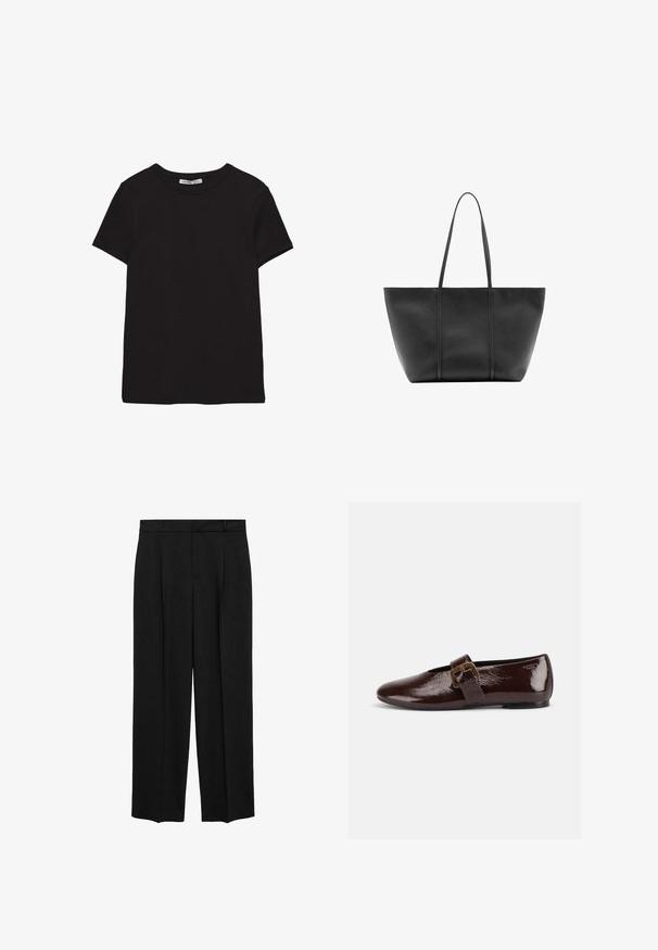 Schwarzes, kurzärmliges Baumwoll-T-Shirt mit rundem Halsausschnitt, Standardpassform und sichtbarem innerem Nackenetikett.; Schwarze maßgeschneiderte Hose mit hoher Taille, gefalteter Gestaltung, geradem Bein und glatter Stoffoberfläche. Hat Gürtelschlaufen und Seitentaschen.; Dunkelbrauner Lacklederschuh mit großer goldener Schnalle und abgerundeter Spitze, seitlich vor weißem Hintergrund dargestellt.; Schwarze Ledertasche mit langen schlanken Henkeln, einer strukturierten Oberfläche und einem weit geöffneten oberen Bereich.