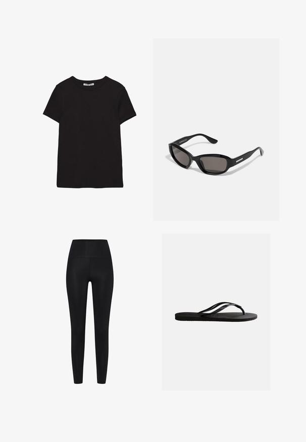 Schwarzes, kurzärmliges Baumwoll-T-Shirt mit rundem Halsausschnitt, Standardpassform und sichtbarem innerem Nackenetikett.; Schwarze Leggings aus dehnbarem Stoff. Hohe Taillenhöhe, glatte Textur, körpernahe Silhouette, keine sichtbaren Muster oder Verzierungen.; Schwarze Gummizehensandale mit strukturiertem Fußbett und dünnen, Y-förmigen Riemen vor einfachem weißem Hintergrund.; Schwarze Sonnenbrille mit rechteckigem Rahmen, dunklen Gläsern, glattem Kunststoffmaterial und einem metallischen Akzent am Bügel.