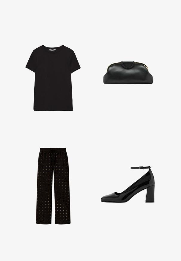 T-shirt noir en coton à manches courtes avec encolure ronde, coupe standard et étiquette intérieure visible au niveau du col.; Pantalon ample noir avec une taille élastique, cordons de serrage et un motif de petits points dorés régulièrement espacés.; Chaussure à talons hauts en cuir verni noir avec bout carré, bride à la cheville et large talon carré, présentant une finition brillante et une texture lisse.; Pochette en cuir noire avec armature métallique dorée et fermeture pression sur fond blanc.