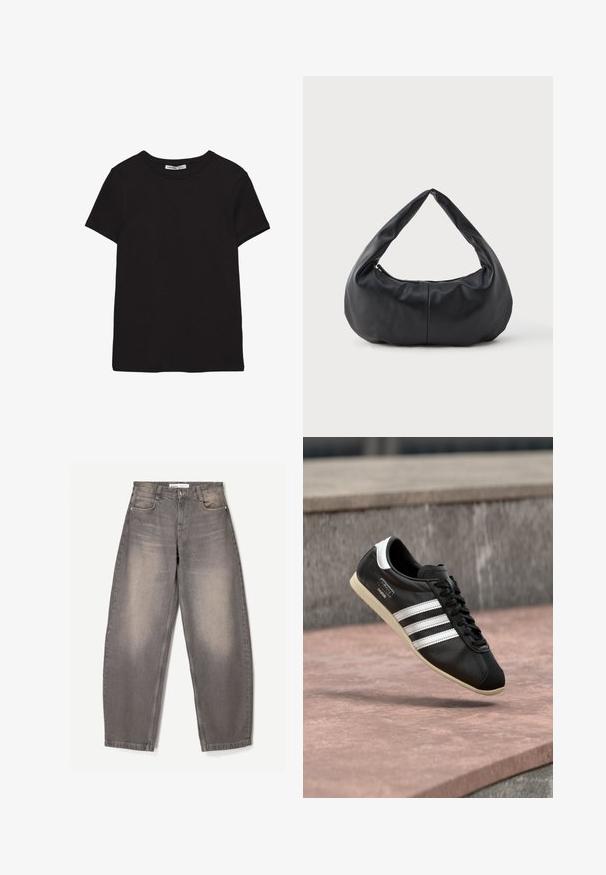 Sort kortærmet t-shirt i bomuld med rund halsudskæring, standard pasform og synlig indvendig halsmærkat.; Bredde ben grå jeans lavet af denim, med subtil falmning, fem-lomme design, bæltestropper og en knaplukning i taljen.; Sort lædersneaker med hvide striber og sål, snøret, svævende over en rosa betonoverflade med en grå stenvæg i baggrunden.; Sorte bløde læder halvmåneformet håndtaske med et tykt, polstret håndtag og lynlås lukning i toppen.