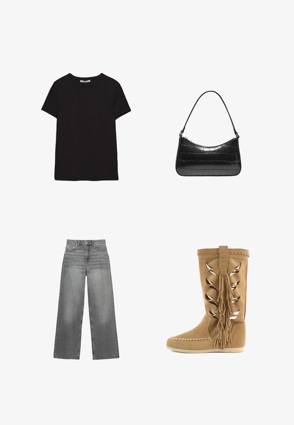 T-shirt noir en coton à manches courtes avec encolure ronde, coupe standard et étiquette intérieure visible au niveau du col.; Jean large gris en denim, avec une taille mi-haute, cinq poches et une légère décoloration sur les jambes.; Botte mi-mollet en daim beige avec motifs de feuilles découpés au laser, bordure tressée, grands pompons latéraux, couture mocassin à l'avant et semelle plate.; Sac à main en cuir synthétique noir avec une silhouette courbée, un motif crocodile, et une unique bandoulière. Fermeture éclair sur le dessus.