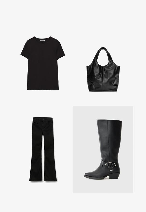 Schwarzes, kurzärmliges Baumwoll-T-Shirt mit rundem Halsausschnitt, Standardpassform und sichtbarem innerem Nackenetikett.; Schwarze Schlagjeans aus Denim mit glatter Textur, ausgestattet mit einem Bund mit Knopfverschluss und normalen Taschen.; Schwarze Lederstiefel bis zum Knie mit spitzem Zehenabschluss, ausgestattet mit einem dekorativen Knöchelriemen und silbernen Hardware-Elementen. Niedriger Blockabsatz.; Schwarze Leder-Tote mit glatter Textur, weichem, abgerundetem Oberteil und breiten Tragegriffen. Merkmale minimale Nähte und eine lässige Silhouette.