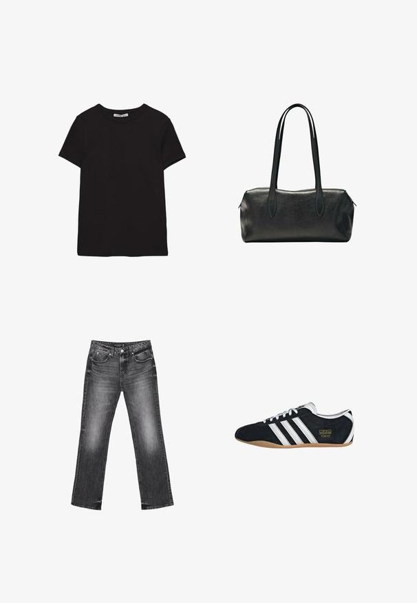 Schwarzes, kurzärmliges Baumwoll-T-Shirt mit rundem Halsausschnitt, Standardpassform und sichtbarem innerem Nackenetikett.; Schwarze Denim-Jeans mit geradem Bein, verblasstem Design und fünf Taschen. Mit Gürtelschlaufen und Reißverschluss.; Schwarze Wildledersneaker mit drei weißen Streifen, goldenem Logo und brauner Gummisohle. Merkmale ein niedrigprofiliertes Schnürdesign.; Schwarze rechteckige Lederhandtasche mit zwei langen Schulterriemen und einem Reißverschluss an der Oberseite.