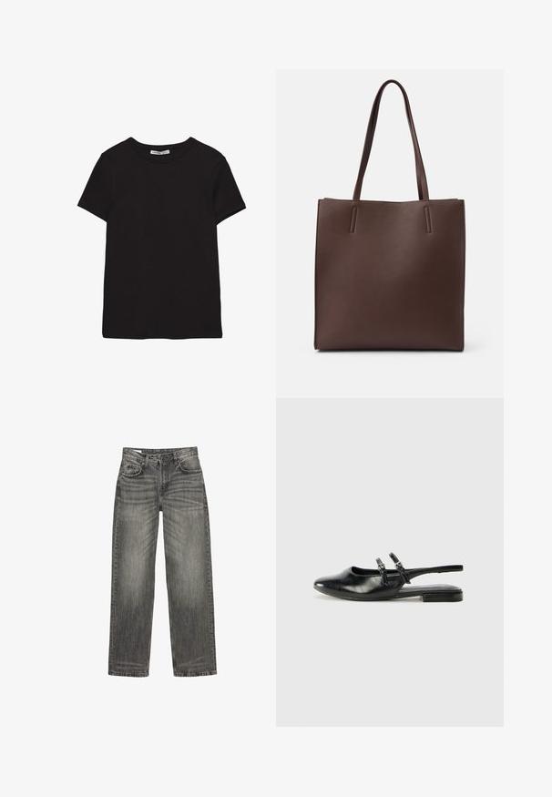 Sort kortærmet t-shirt i bomuld med rund halsudskæring, standard pasform og synlig indvendig halsmærkat.; Grå denim jeans med afslappet pasform, som har fem lommer, diskret falmning og et lige ben design. Klassisk talje med bæltesløjfer.; Sorte læder slingback-sko med spids tå, to spændeaccenser og en lav hæl. Glat tekstur og raffineret design.; Brun læder tote taske med to lange håndtag, der har en rektangulær form, glat tekstur og minimalistisk design uden ekstra hardware.