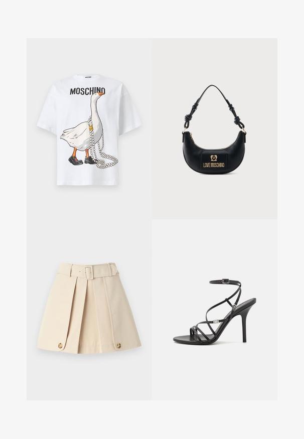 Hvid bomuld t-shirt med trykt tegneseriegås iført sorte sko og perlekæde, med teksten "MOSCHINO" over motivet.; Beige plisseret nederdel med tætsiddende talje, brede bæltestropper og knapdetaljer i kanten. Fremstillet af glat, let materiale.; Sort højhælet sandal med tynde stropper, en ankelspænde, en glat læderoverflade og en slank stilethæl.; Sort halvmåneformet håndtaske med knyttet håndtag og guld "Love Moschino" logo plaque foran, lynlåslukning øverst.