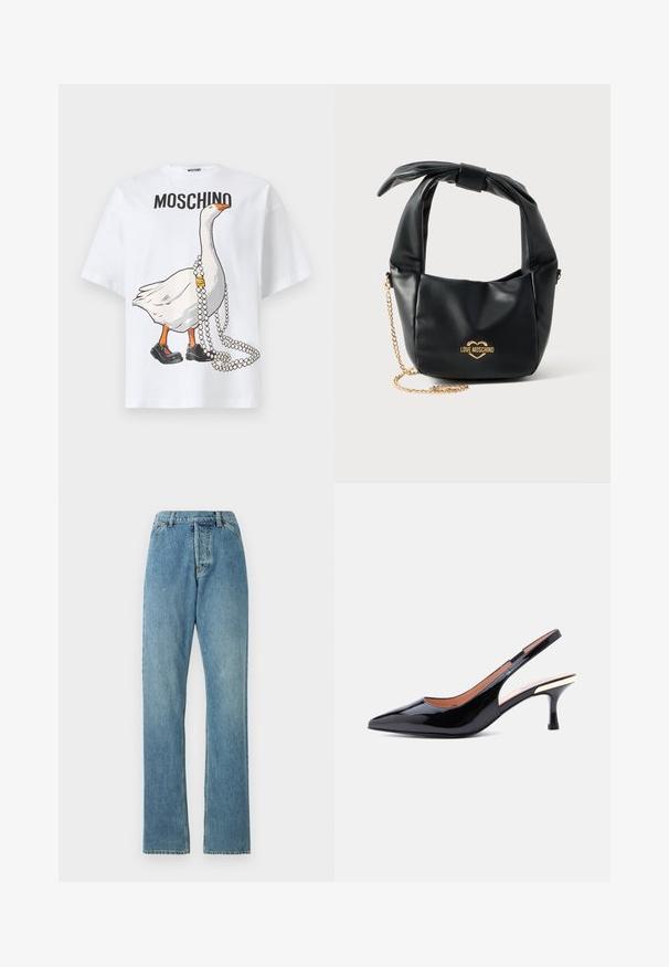 Wit katoenen T-shirt met een bedrukte cartoon van een gans die zwarte schoenen en een parelketting draagt, met de tekst "MOSCHINO" boven het ontwerp.; Lichtblauwe denim jeans met een recht model, vijf zakken en een zichtbare tailleband. De textuur is iets versleten maar intact.; Zwarte lakleren sleehak met spits toelopende neus en een hak van gemiddelde hoogte met een metalen accent vlakbij de hak.; Zwarte zachte leren Love Moschino handtas met geknoopt handvat en gouden kettingriem op een witte achtergrond.