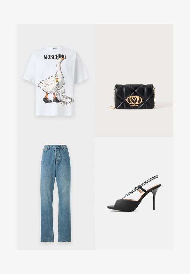 Wit katoenen T-shirt met een bedrukte cartoon van een gans die zwarte schoenen en een parelketting draagt, met de tekst "MOSCHINO" boven het ontwerp.; Lichtblauwe denim jeans met een recht model, vijf zakken en een zichtbare tailleband. De textuur is iets versleten maar intact.; Zwarte sandaal met hoge hak en open teen met dunne bandjes waarop "LOVE MOSCHINO" staat, over de voet en rond de enkel.; Zwarte doorgestikte leren handtas met gouden kettingriem en groot gouden Love Moschino-logo aan de voorkant.