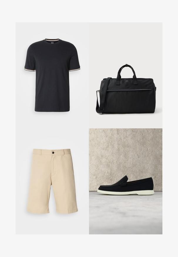 Camiseta de algodón negra con cuello redondo y mangas cortas que presentan acentos a rayas en blanco, naranja y azul en los puños.; Pantalones cortos beige confeccionados con tejido ligero, con un diseño de frente plano, cintura estándar con cierre de botón y dobladillo recto.; Zapato negro sin cordones con puntera redondeada, que presenta una parte superior texturizada, suela blanca lisa y un discreto detalle de marca en el lateral.; Bolsa de viaje rectangular negra con asas dobles, correa de hombro ajustable, bolsillo delantero con cremallera y pequeño logo "BOSS" en la parte frontal.