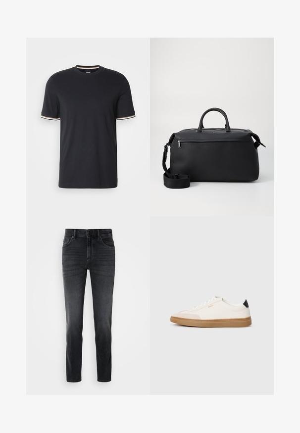 Zwarte katoenen t-shirt met een ronde halslijn, korte mouwen met gestreepte accenten in het wit, oranje en blauw op de manchetten.; Zwarte denim jeans met een slim fit, voorzien van een middelhoge taille, klassiek vijf-pocket ontwerp en subtiele vervaging op de benen.; Witte sneakers met beige accenten, bovenwerk van glad leer, ronde neus en rubberen gumzool, met een zwarte hieltab en subtiele branding.; Zwarte leren reistas met twee bovenhandvaten, een afneembare schouderband en een ritsvak aan de voorkant voor extra opbergruimte.