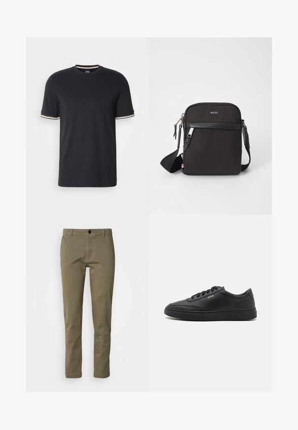 T-shirt en coton noir avec un col rond, des manches courtes et des accents rayés en blanc, orange et bleu au niveau des poignets.; Pantalons en coton vert olive avec une coupe droite, dotés d'une fermeture à bouton à l'avant et de deux poches sur les côtés. Texture lisse et minimalisme dans les détails.; Baskets en cuir noir avec une texture lisse, bout rond, semelle en caoutchouc plate et lacets ton sur ton. Présente une marque "BOSS" dorée sur le côté.; Sac bandoulière noir en tissu texturé, avec un logo sur le devant, fermeture éclair et une bandoulière réglable. Finitions en cuir lisse.
