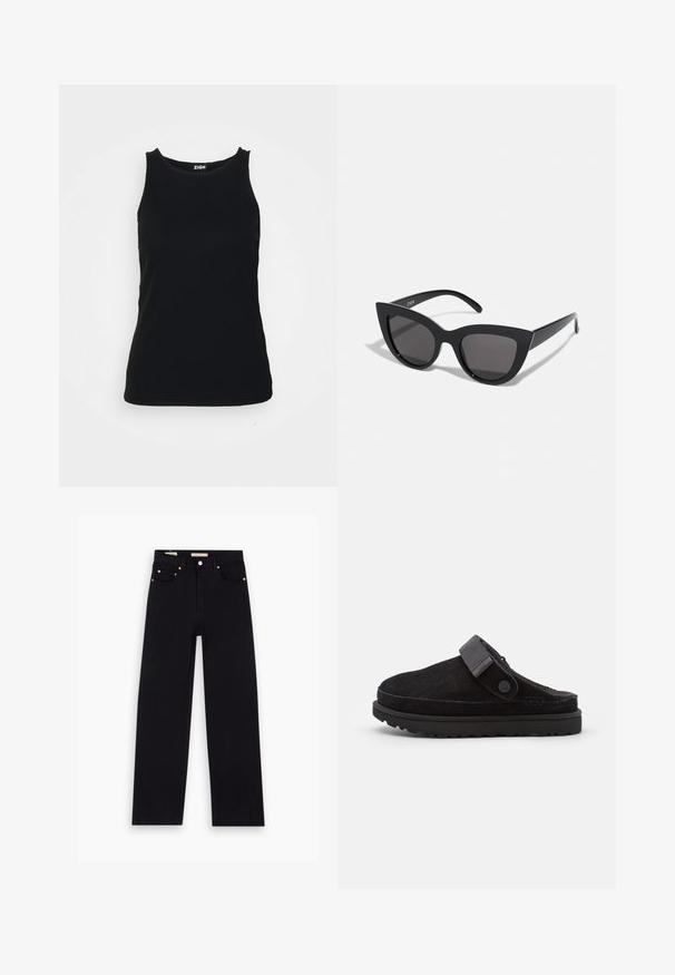 Zign Top - black; Schwarze Denim-Jeans mit geradem Schnitt, fünf Taschen, Kupferbeschlägen und einer glatten Textur. Zwei Etiketten sind am Bund sichtbar.; Schwarze Wildleder-Pantoletten mit runder Zehenpartie, weichem Material, verstellbarem Riemen und dicker Gummisohle mit strukturiertem Profil für besseren Halt.; Schwarze Cat-Eye-Sonnenbrille mit matter Oberfläche, grauen getönten Gläsern, scharfen Kanten und schlanken Bügeln. Der Markenname ist auf dem inneren Bügel sichtbar.