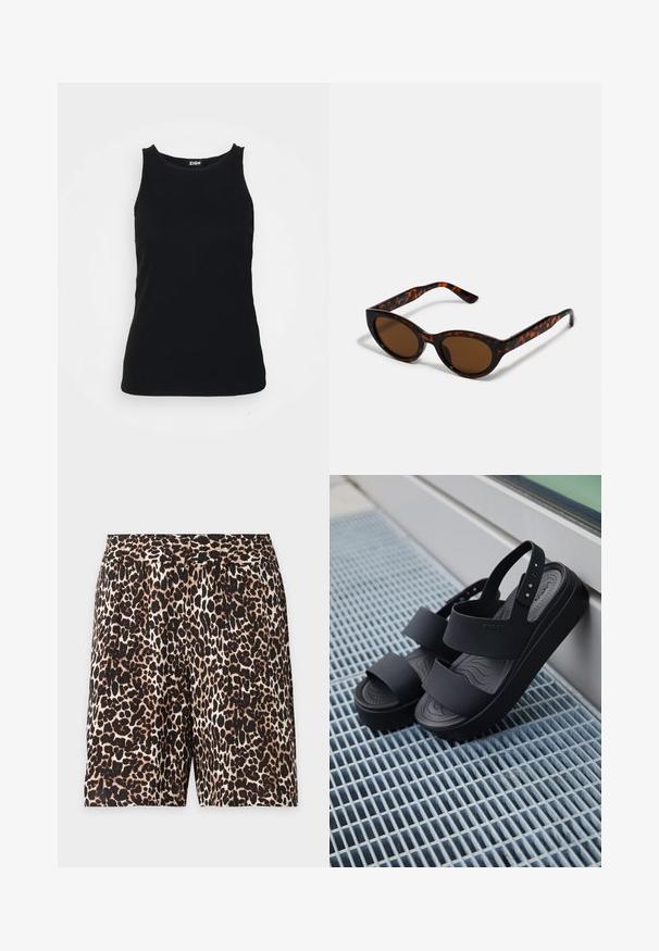 Zign Débardeur - black; Shorts longueur genou à imprimé léopard avec une ceinture élastique dans des tons de marron, noir et beige sur fond blanc.; Sandales à plateforme noires avec deux larges brides et une bride arrière, posées sur une surface métallique grillagée à côté d'une fenêtre en verre.; Lunettes de soleil en écaille de tortue marron avec une forme vintage de lunettes cat-eye et des verres marron. Présente des branches courbées avec des accents rouges.