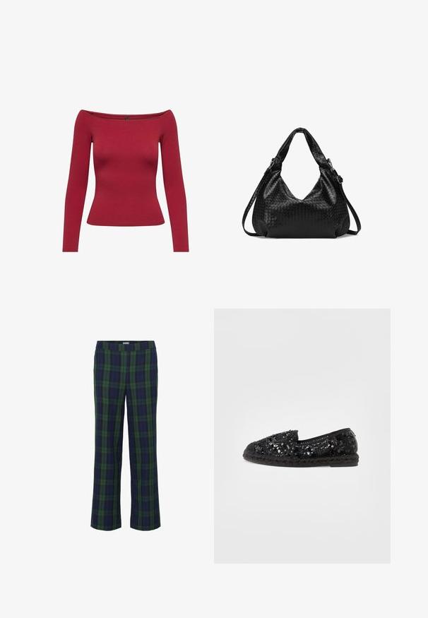 Rød off-shoulder langærmet top lavet af tætsiddende ribbet materiale, med en klassisk silhuet og sømløs halsdesign.; Grønne og marineblå ternede bukser med lige ben-design og elastisk talje. Stoffet har en blød tekstur og prydes af et klassisk ternet mønster.; Sorte glitrende slip-on sko med rund tå, flettet jutesål og glansfulde sorte akcenter; tekstureret overflade med skinnende detaljer.; Sort vævet læder skuldertaske med bredt håndtag og aftagelig justerbar rem, præsenteret på hvid baggrund.