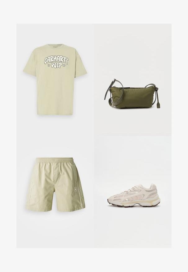 T-shirt en coton vert clair avec coupe oversize, présentant un imprimé noir de style nuage "Carhartt WIP 1989" sur le devant. Manches courtes, col rond.; Shorts vert clair en tissu lisse avec une taille élastique, des poches latérales, des accents blancs et un logo sur la jambe gauche.; Chaussure de sport beige clair avec tige en maille, accents texturés et détails dorés. Dispose d'une semelle intermédiaire blanche épaisse et d'une semelle extérieure en caoutchouc.; Sac bandoulière rectangulaire vert olive avec bandoulière ajustable, fermeture éclair et tirette en cuir sur un fond uni.