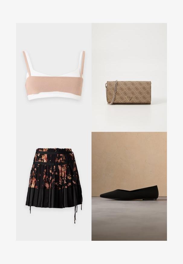 Naadloze witte bralette met een brede lichtbeige gebreide band aan de voorkant en bijpassende beige schouderbandjes op een effen achtergrond.; Zwarte geplooide rok met een bloemenpatroon in tinten van roze en oranje, voorzien van een brede tailleband en verstelbare koordjes aan de zoom.; Zwarte platte schoen met puntige neus zwevend boven een beige tapijt met structuur, met op de achtergrond een ronde houten salontafel en gestapelde boeken.; Bruine clutch tas met patroon en een kettinghengsel, voorzien van een logo plaat en een gestructureerd oppervlak. Compact rechthoekig ontwerp.