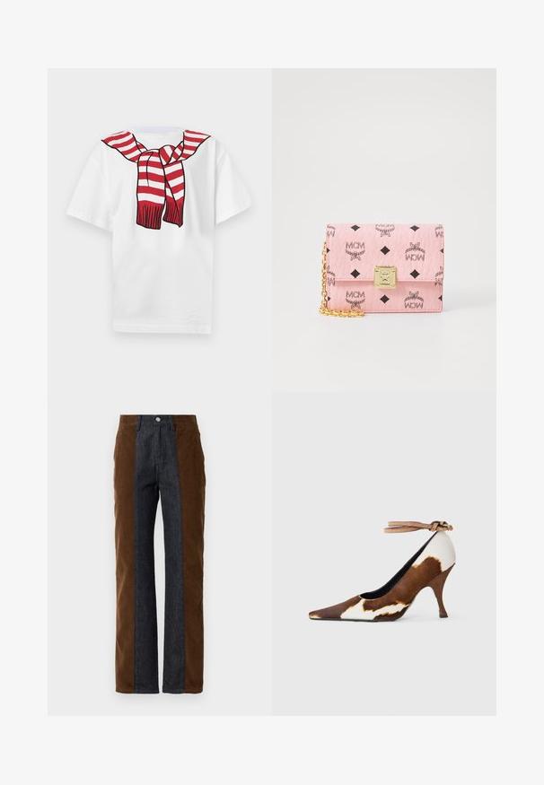 Hvid T-shirt med korte ærmer og et trykt rødt og hvidt stribet tørklæde bundet omkring halsen på forsiden.; Corduroy- og denimbukser med lodret panelering i mørkebrun og navy blå, med lige pasform og standard fem-lomme design.; Brune og hvide ko-print højhælede sko med spids tå, tekstureret overflade og en ankelrem med en lys brun spænde.; Lyserød læderpung med kædesnor, der har et diamantmønster og MCM-logoer. Gyldne metaldele fremhæver designet.