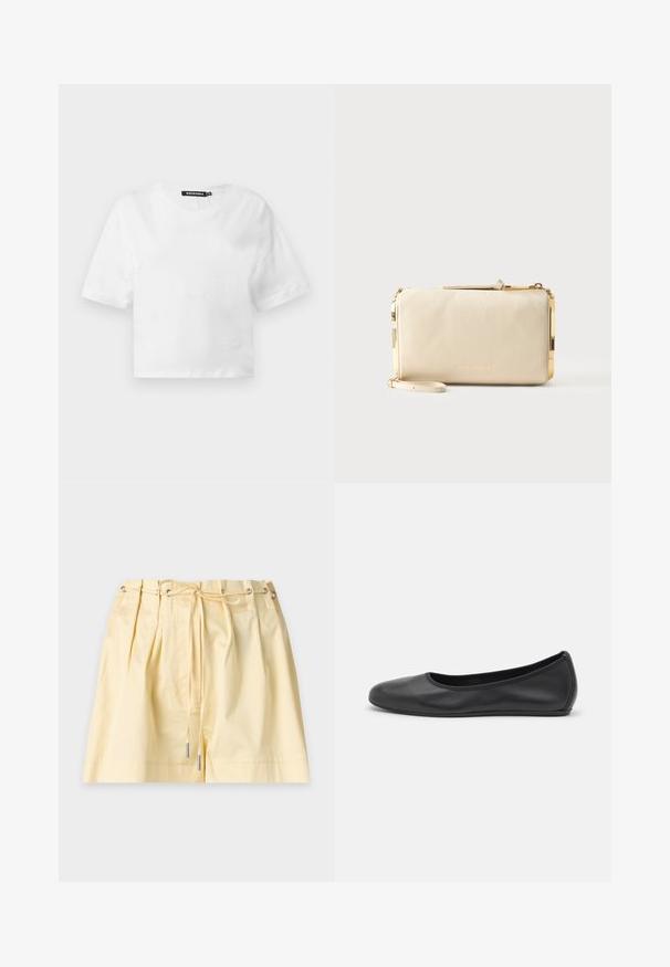 T-shirt court blanc à manches courtes avec col rond et étiquette de marque noire à l'intérieur du col, présenté sur un fond clair uni.; Shorts taille haute jaune clair avec plis devant et taille à cordon featuring des œillets métalliques et des embouts métalliques aux extrémités.; Ballerines en cuir noir avec un bout rond, texture lisse, détails de couture minimalistes et design de semelle flexible.; Pochette bracelet en cuir beige texturé avec garniture en métal doré et fermeture éclair, dotée d'une petite sangle et d'un logo de marque subtilement embossé.