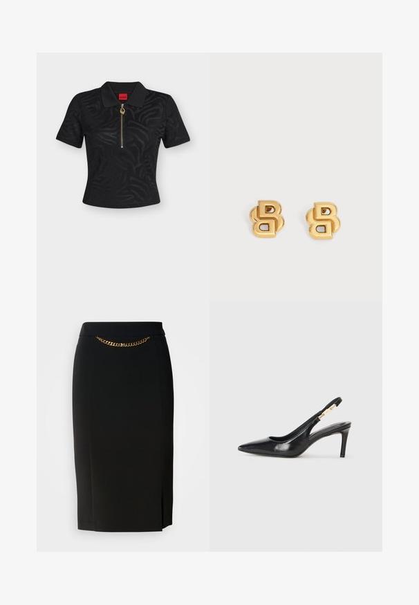 Sort polo t-shirt med korte ærmer og diskret zebramønster, guld lynlås med rund træk, og rød mærkebetiket inde i kraven.; Sort blyantskirt med et lille slids, der har en guld kædedetalje ved livet. Lavet af et glat, strækbart stof for komfort.; Sort læder slingback højhælede sko med spidse tæer, glat overflade og en smal ankelrem med guldfarvede hardware detaljer.; Par guldfarvede metal-ørestikker formet som sammenkoblede bogstav B-designs på hvid baggrund.