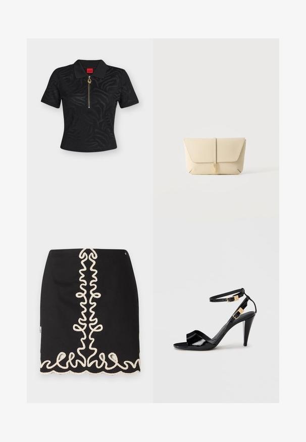 Schwarzes kurzärmeliges Poloshirt mit dezentem Zebramuster, goldfarbenem Reißverschluss mit rundem Zug und rotem Markenetikett im Krageninneren.; Schwarze Röcke mit einem strukturierten, cremefarbenen bestickten Design und wirbelnden Mustern in der Mitte und am Saum.; Schwarze, lackierte High-Heeled-Sandalen mit doppelten Knöchelriemen und goldenen Schnallen, Zehen offen und schlankem, spitz zulaufendem Absatz auf neutralem Hintergrund.; Beige Leder-Clutch mit einer vorderen Klappe und einem vertikalen Riemenverschluss vor einem schlichten hellen Hintergrund.