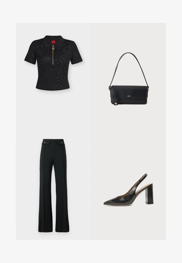 Polo negro de manga corta con estampado sutil de cebra, cremallera dorada con tirador redondo y etiqueta de marca roja en el interior del cuello.; Pantalones de tiro alto de campana negros con detalles de costura frontal y dos bolsillos con tapeta y botones dorados en la cintura.; Zapato slingback de piel negra con puntera puntiaguda, tacón alto y ancho, y forro interior beige sobre un fondo claro y liso.; Bolso de hombro de piel negra con el logo dorado "BOSS" en la parte delantera y un pequeño emblema dorado colgando de la correa lateral.