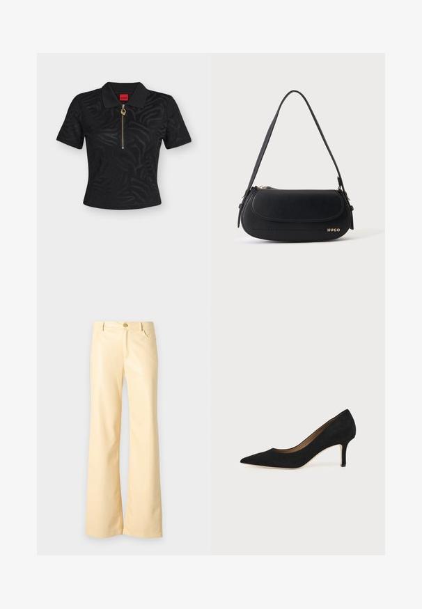 Schwarzes kurzärmeliges Poloshirt mit dezentem Zebramuster, goldfarbenem Reißverschluss mit rundem Zug und rotem Markenetikett im Krageninneren.; Weite Beinschuhe in einem blassen Gelb, aus glattem, glänzendem Material. Verfügt über einen Vorderknopf, zwei Seitentaschen und einen geraden Schnitt.; Schwarzer Wildleder-Pumps mit spitzer Schuhspitze, schlankem mittelhohem Stiletto-Absatz und tiefem Ausschnitt auf einfachem Hintergrund.; Schwarze Lederschultertasche mit geschwungener Klappe, goldenem "HUGO" Logo auf der Vorderseite und einem verstellbaren Riemen.