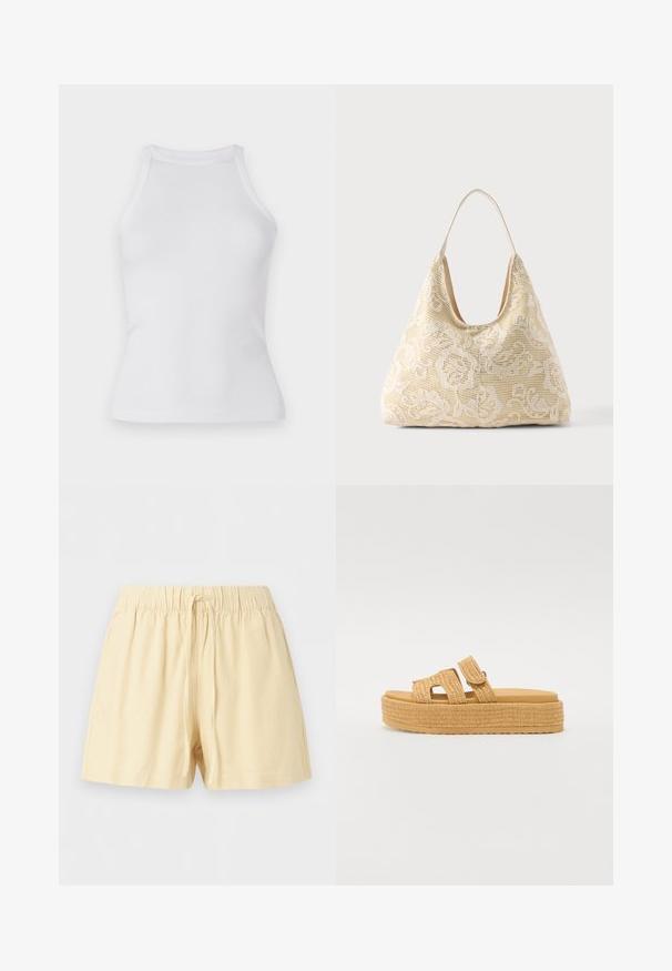 Hvid ribbet top med en tætsiddende design, rund halsudskæring og uden ærmer. Fremstillet af strækbart stof for komfort og bevægelsesfrihed.; Beige bomuldsshorts med elastisk talje og snøre foran, designet til afslappet brug.; Steve Madden BIGMISSILE - Hjemmesko - beige; Kremfarvet stoftaske med hvidt blomsterhæklet mønster og en enkelt tynd skulderrem på ensfarvet baggrund.