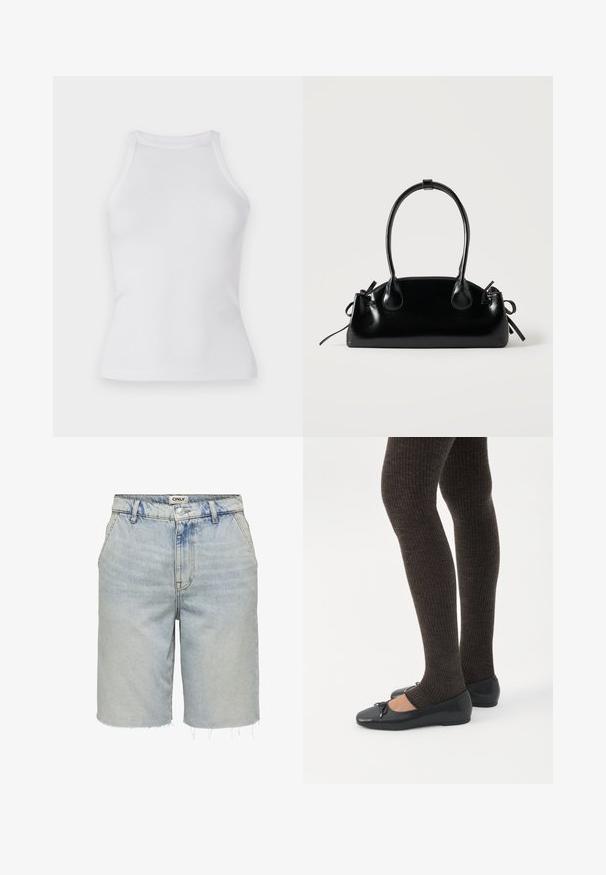 Débardeur blanc à côtes avec un design ajusté, encolure ronde et sans manches. Fabriqué en tissu extensible pour un confort optimal et une liberté de mouvement.; Shorts en denim délavé avec ourlet brut, présentant un design classique à cinq poches et une fermeture à bouton à l'avant.; Jambes portant des leggings côtelés foncés associés à des ballerines noires avec de petits détails en nœud sur fond blanc.; Petit sac à main noir brillant avec deux longues anses et des détails à cordon sur les côtés sur un fond clair uni.