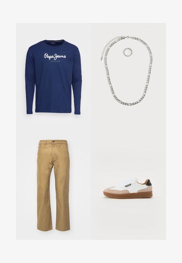 Marineblå langærmet t-shirt lavet af bomuld, med et hvidt logo "Pepe Jeans London" trykt på forsiden. Enkel rund halsudskæring og glat tekstur.; Khaki bukser lavet af bomuld. Lige pasform med en talje og forlommer. Har en enkelt baglomme og diskrete syninger.; Hvide og beige ruskinds sneakers med en brun gummi sål, flade snørebånd og en sort hæl-accent. Har logo detaljer på siden.; Sølvfarvet smykkesæt bestående af en tyk kædene med en hummerlås og en tilhørende tekstureret ring. Begge dele er skinnende og metalliske.
