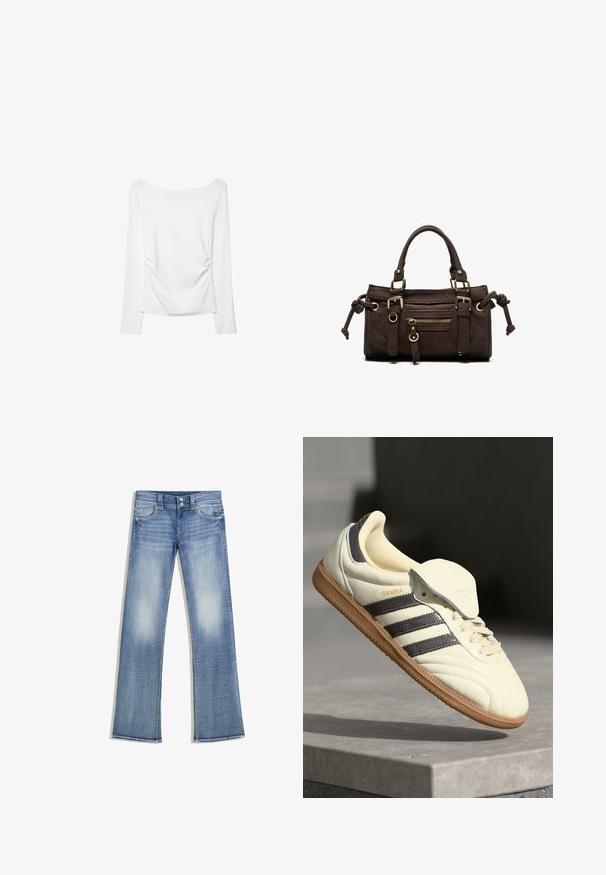Biela blúzka s dlhým rukávom, širokým výstrihom a zhromaždenými detailmi na zadnej strane. Hladká textúra, priliehavý strih.; Svetlomodré bootcut džínsy s vyblednutým efektom, piatimi vreckami, pútkom na opasok a dvojitým gombíkovým zapínaním, rozložené naplocho na bielom pozadí.; Krémové kožené tenisky s tromi tmavými pruhmi, hnedou gumenou podrážkou a zaoblenou špičkou. Obsahujú prehýbací jazyk s označením "SAMBA."; Tmavohnedá kožená kabelka s dvojitými rukoväťami, predným vreckom na zips, dekoratívnymi prackami a bočnými uzlami na bielom pozadí.