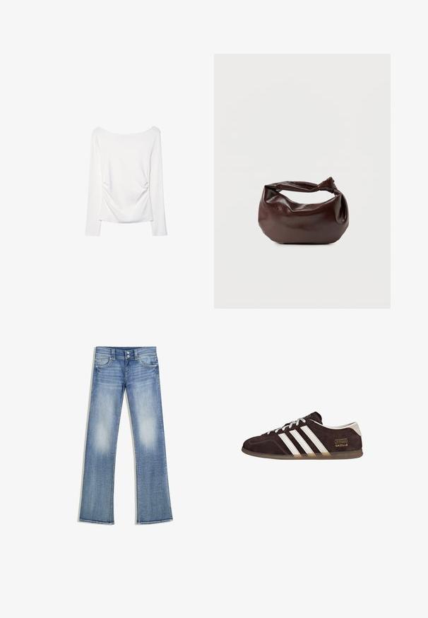 Langärmliges weißes Oberteil mit weitem Halsausschnitt und gerafftem Detail im Rücken. Glatte Textur, figurbetonter Schnitt.; Hellblaue Bootcut-Jeans mit ausgewaschener Optik, fünf Taschen, Gürtelschlaufen und doppeltem Knopfverschluss, flach auf weißem Hintergrund liegend.; Braune Wildleder-Sneaker mit drei weißen Streifen, Gummisohle und Textlabel "Gazelle" in Gold. Schnürdesign mit grauen Schnürsenkeln.; Dunkelbraune Lederschultertasche mit weicher, lockerer Form und einem gedrehten Knotengriff vor schlichtem weißem Hintergrund.