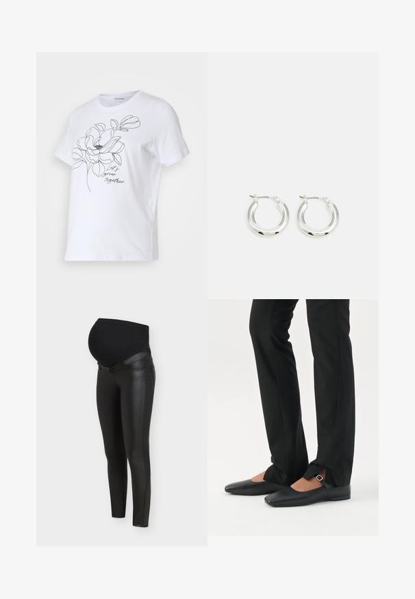 Witte katoenen t-shirt met een zwart omrissingsdrawing van een bloem en de tekst "Laten we samen groeien." Korte mouwen en een ronde hals.; Zwarte zwangerschapsleggings met voorpanelen van kunstleer en rekbare stof over de buik voor comfort en ondersteuning tijdens de zwangerschap.; Benen met zwarte smalle broek met voorsplitten aan de zoom, gecombineerd met zwarte platte Mary Jane-schoenen met een klein gespje.; Zilveren oorbellen in de vorm van een ring met een gepolijste afwerking, met een cirkelvorm en een scharnierende postsluiting. Glad oppervlak met minimale details.