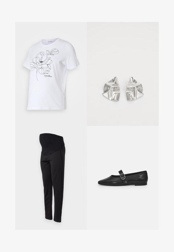 Hvid bomulds-t-shirt med en sort omrids tegning af en blomst og teksten "Lad os vokse sammen." Kortærmet og med rund hals.; ONLY MATERNITY OLMGISELEA - Bukser - black; Sorte læder flade sko med rund tå, et enkelt justerbart spænde og en glat, blank overflade. Minimalistisk design med en lav hæl.; Sølvmetal øreringe med et bølgende, skulpturelt design, der har en poleret overflade og uregelmæssige former, hvilket fremhæver en moderne æstetik.