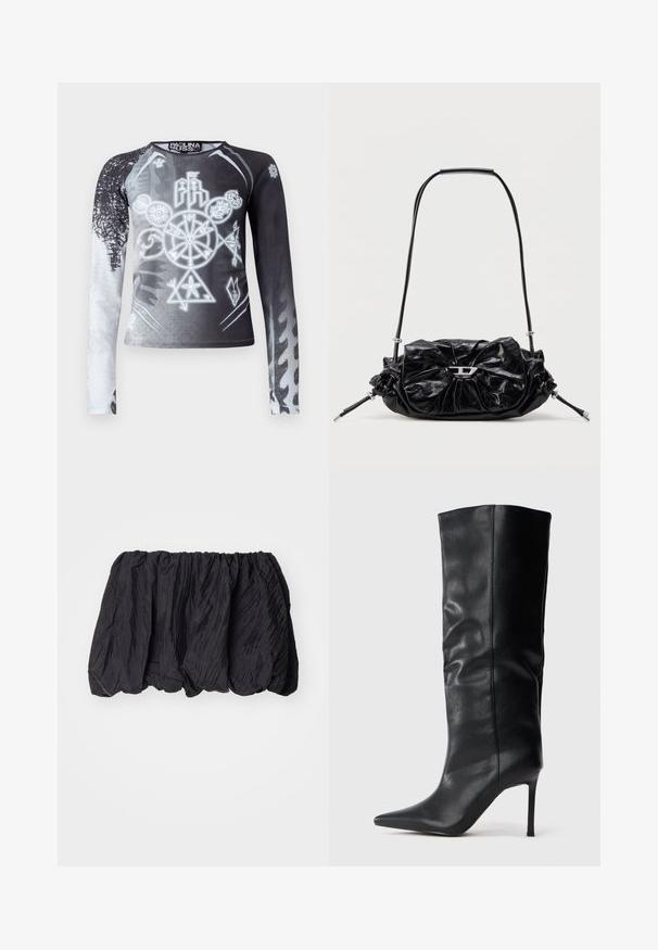 Camiseta de manga larga con un degradado en blanco y negro, que presenta símbolos gráficos en tonos de gris. Fabricada con un tejido suave y ligero.; Top de tela negra arrugada con cintura elástica, que presenta una superficie texturada y un diseño fruncido para una forma volumétrica.; Bota de cuero negra hasta la rodilla con punta afilada y tacón delgado alto sobre un fondo blanco plano.; Bolso de mano de cuero negro con diseño fruncido y detalle de lazo en la parte frontal. Cuenta con un asa corta y detalles metálicos en color plata.